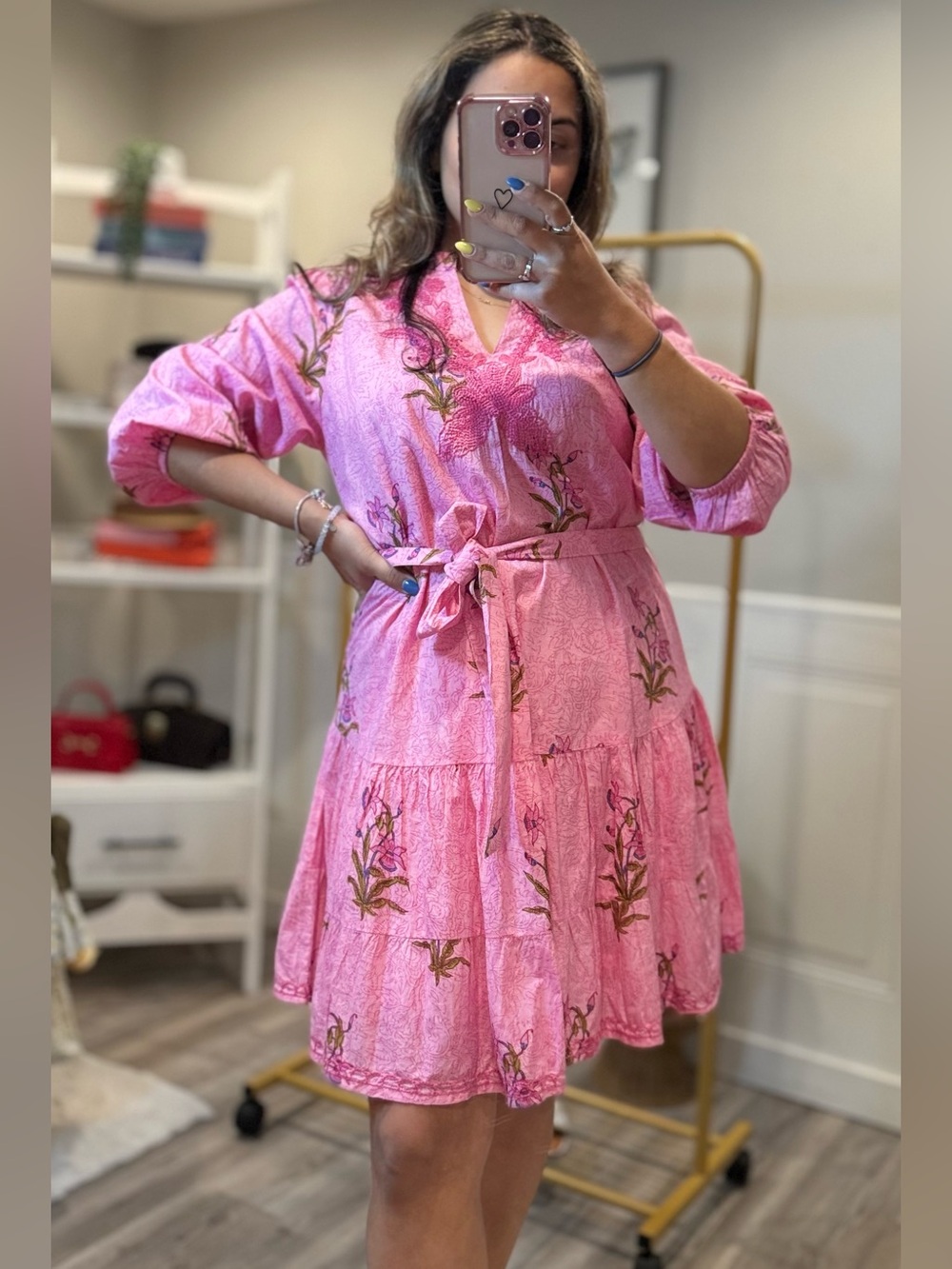 Anthropologie Sister Mary Pink Embroidered Tie Waist Dress | Floral Boho Mini XS